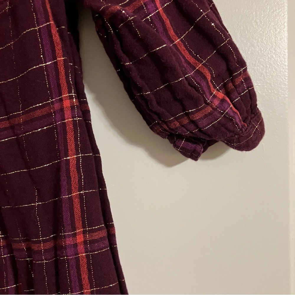 Old Navy Girl’s Sz 4T Burgundy & Gold Metallic-Plaid Swing Dress 3/4 Sleeves - Picture 3 of 7